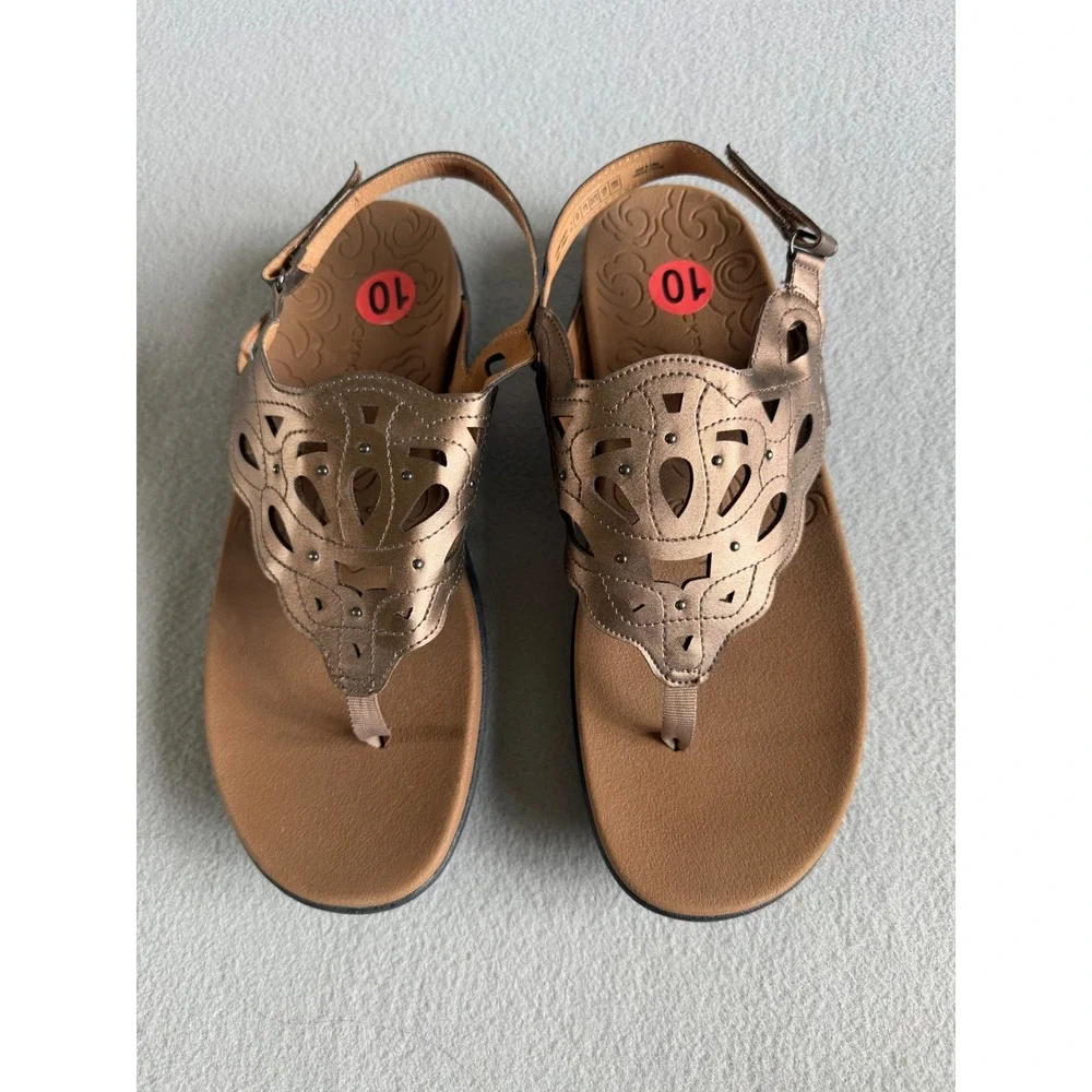 Rockport Briah Perf Slingback Sandals Metallic Bronze Laser Cut Thong Womens 10